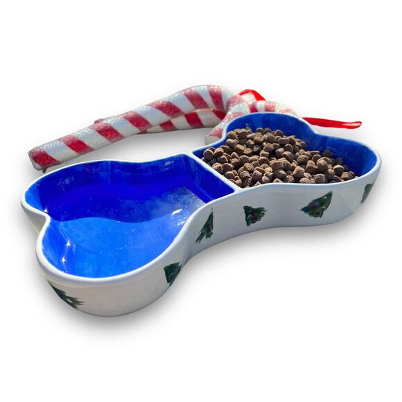 Dog Dish Shaped like a Bone with Christmas Trees & Blue Enterior - Picture 1 of 8
